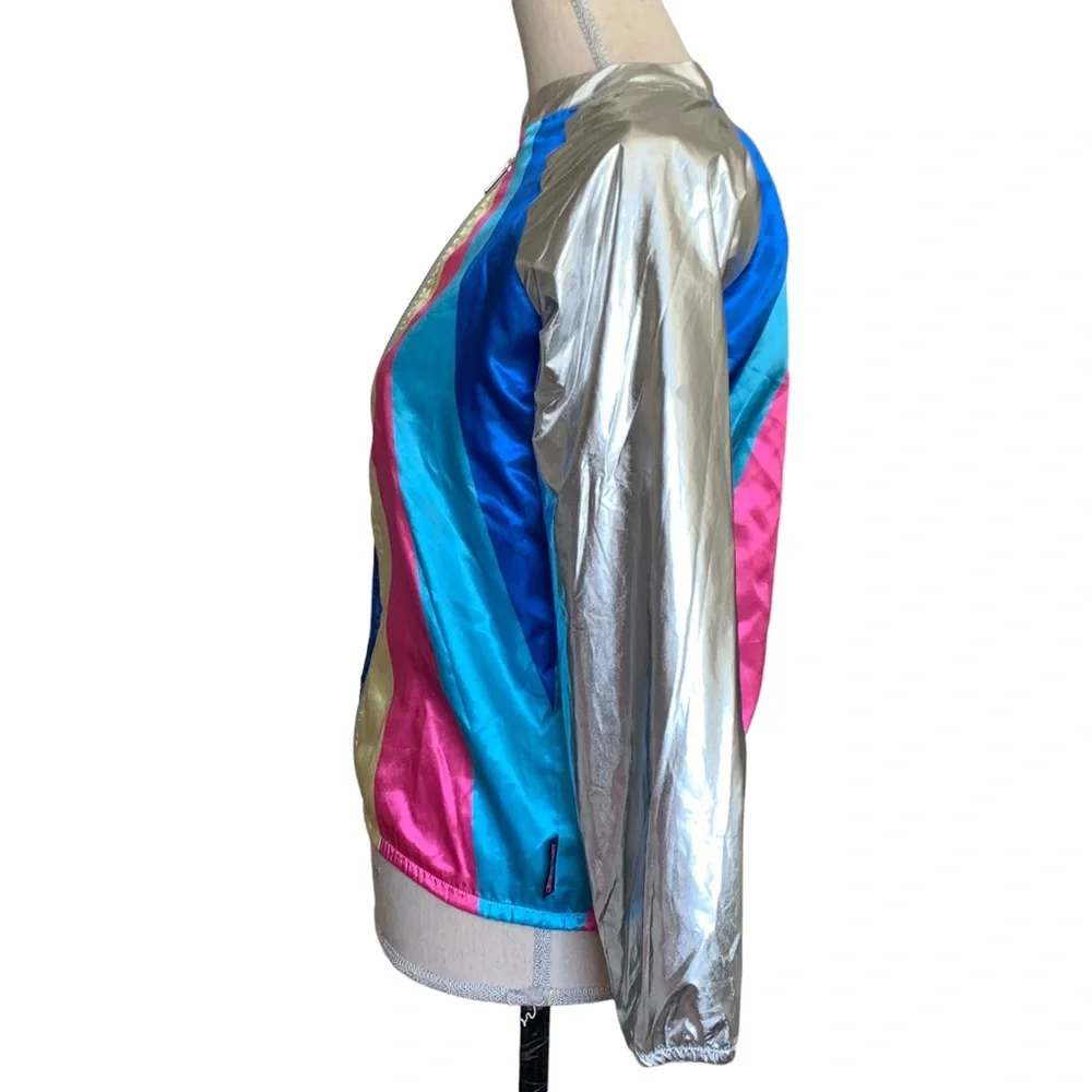 JoJo's Closet Silver & Rainbow Stripes Bomber Jacket Girls Size XL 14/16